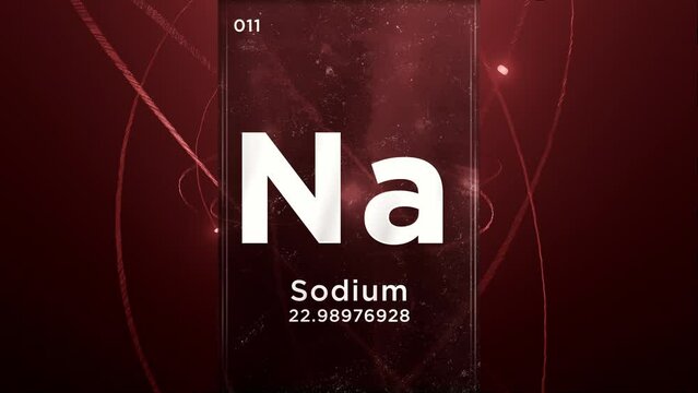 Sodium (Na) symbol chemical element of the periodic table, 3D animation on atom design background