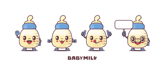 baby milk bottle cartoon mascot with different expressions