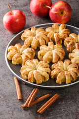 Autumn apples baked in dough close-up on a plate on the table. Vertical