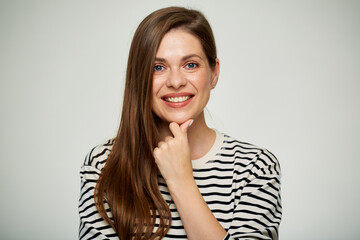 Smiling woman touching her face close up portrait with natural skin isolated on white background.