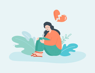 Depressed girl with broken heart flat vector illustration. Crying woman going through relationship breakdown. Love, separation, depression concept for banner, website design or landing web page
