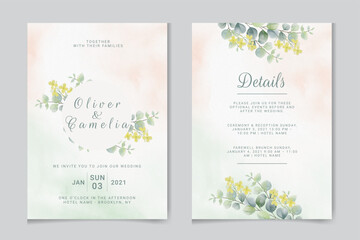Watercolor vector set wedding invitation card template design with green eucalyptus leaves.