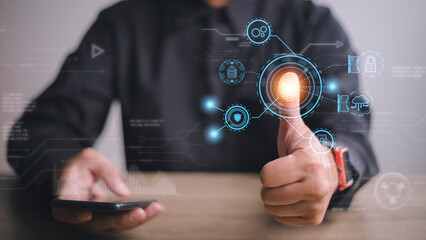 Technology fingerprint scan provides security. digital transformation change management,new technology big data and business process strategy, automate operation, customer service management.