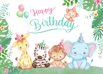 Safari birthday party vector illustration. Jungle animals watercolor illustration for invitation, postcard, sticker and banner.