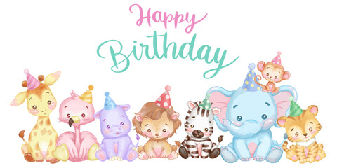 Safari birthday party vector illustration. Jungle animals watercolor illustration for invitation, postcard, sticker and banner.
