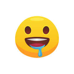 Emoji face saliva flowing from the mouth flat icon for web design. Cartoon yellow emotion circle icon smiling, laughing and crying isolated vector illustration