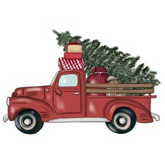 Christmas Truck With Christmas Tree Hand Drawn Illustration	