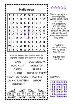 Halloween holiday themed zigzag word search puzzle (suitable both for kids and adults). Answer included.

