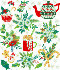 Winter seamless vector pattern with kettle, coffee cup, cupcake and winter bouquets.