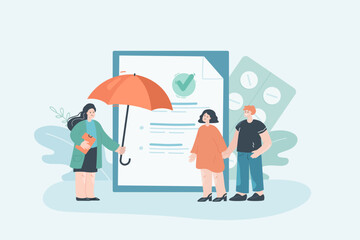 Couple signing health insurance contract. Tiny female doctor giving umbrella to patient flat vector illustration. Protection, service, family concept for banner, website design or landing web page