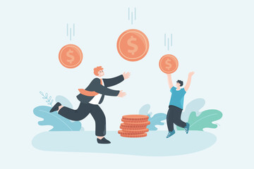 Tiny people catching coins from sky flat vector illustration. Employees making money. Wealth, banking, success, economy concept for banner, website design or landing web page