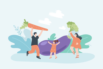 Family with holding fresh vegetables flat vector illustration. Father, mother and daughter eating healthy organic products. Healthcare, nutrition concept for banner, website design or landing web page