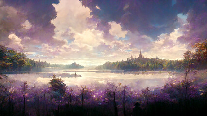 Fototapeta na wymiar Beautiful landscape, lake, forest, sky, clouds, digital illustration