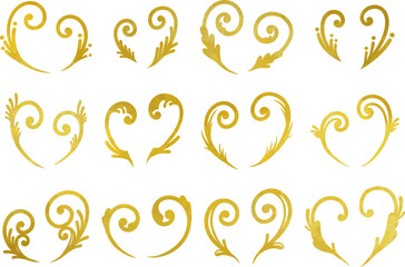 ゴールドのリーフ・植物のハートフレームセット　ベクター素材
