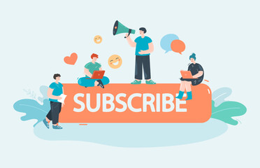 Tiny people on huge subscribe button flat vector illustration. Male and female character gaining subscribers. Multimedia, occupation, internet concept for banner, website design or landing web page