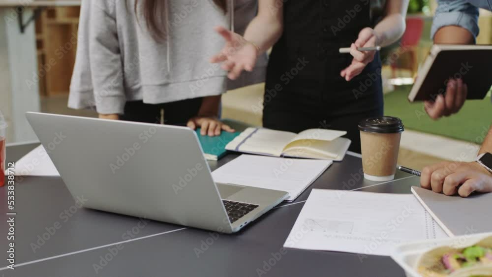 Poster laptop meeting, marketing planning and employees in communication about company web design, collabor