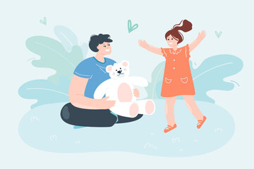 Father giving toy to daughter flat vector illustration. Dad sitting on floor and playing with little kid. Family, togetherness, love, care concept for banner, website design or landing web page