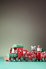 Red Christmas toy train. Christmas greeting card.