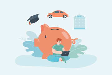 Man planning budget flat vector illustration. Male character working on laptop near huge piggy bank. Finance, strategy, investment, income concept for banner, website design or landing web page