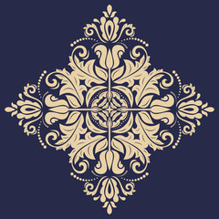 Oriental vector ornament with arabesques and floral elements. Traditional navy blue and golden classic ornament. Vintage pattern with arabesques