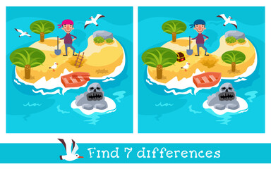 Educational game for children. Find the differences. Pirate and treasure on island. Activities for children. Vector illustration.