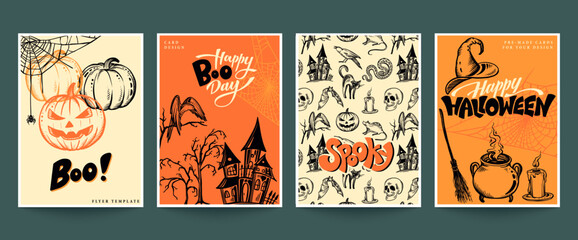 Set of four vector Halloween pre-made cards or posters with hand drawn elements and abstract texture.