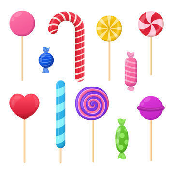 Lollipops and wrapped candies vector illustrations set. Cartoon drawings of cute lollypops, sugar balls on sticks isolated on white background. Desserts, sweet food, confectionery, holidays concept