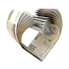 Banknoty 200 PLN uformowane w kształt symbolu serca 02 - obrazy, fototapety, plakaty