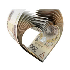 Banknoty 200 PLN uformowane w kształt symbolu serca 01