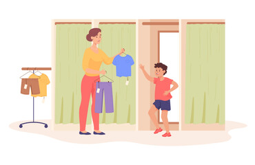 Boy trying on clothes in dressing room flat vector illustration. Mother and little child in fitting room. Mom buying T-shirt and trousers for kid. Shopping, store concept