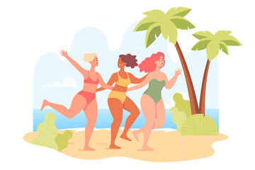 Happy body positive woman on beach flat vector illustration. Beautiful plus size models in bikini. Girls walking along seashore. Summer, vacation, leisure activity concept