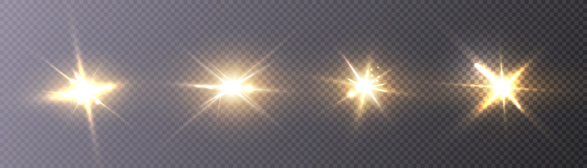 Glow of golden sparks of light on a transparent background. Blurred glitter vector collection. Explosive Sun Flare Star Space