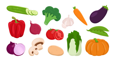 Different colorful vegetables vector illustrations set. Cartoon drawings of broccoli, carrot, eggplant, zucchini or cucumber, onion, garlic isolated on white background. Organic food, health concept