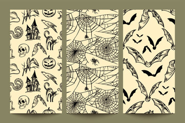 Set of three vector Halloween seamless patterns with hand drawn elements in sketch style.