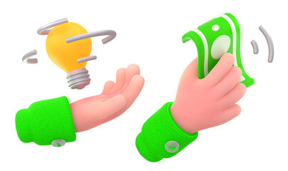 Hand with light bulb and money. 3D render icon set isolated on white background. Human character offers creative idea to earn cash. Startup business development, lucrative invention, finance ivestment