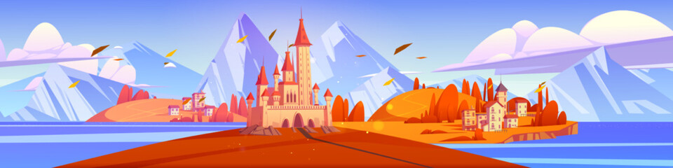 Fototapeta na wymiar Mediterranean autumn landscape with medieval castle and town buildings at scenery background. Fairy tale kingdom with palace and cottages surrounded with mountains and sea, Cartoon vector illustration