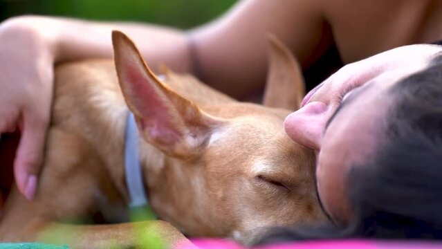 Hound dog puppy resting with young woman laid in the ground, taking a nap with best friend close up