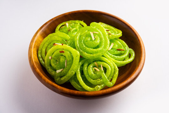 Green Jalebi mithai or sweet from India, a Twist to a traditional imarti or jilbi