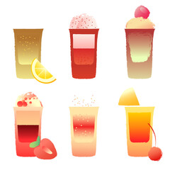 Bright set of drinks shooter glass. Vector image with texture and gradient set of alcoholic drinks. Drinks with berries. Glass of tequila, vodka, cocktail, shot drink. Vector illustration on white bac