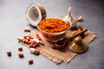 Dry garlic chutney made from red chilly and dry coconut and lahsun which is famous in maharashtra