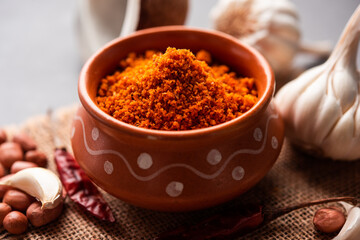 Dry garlic chutney made from red chilly and dry coconut and lahsun which is famous in maharashtra