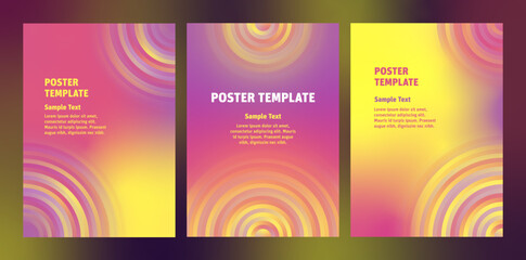 Set modern poster backgrounds with gradient blurry circles. Wallpaper backdrop template with wavy spiral textured blurry shapes. Multiple Swatches suggestions for easy Recolor Artwork.	