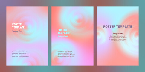 Set colorful abstract posters with gradient circles. Background template design with fluid spiral shapes and blurry colors. Multiple Swatches suggestions for easy Recolor Artwork.