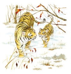 A tiger mom and her cub in snow-covered woods 