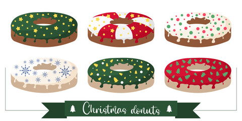 Set of Christmas donuts with sprinkles. Flat illustration isolated on white background. Festive sweets for the New Year celebration. Christmas collection. Cute baking for the holiday.