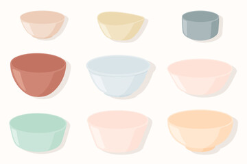 Set of empty ceramic bowls with different colors.