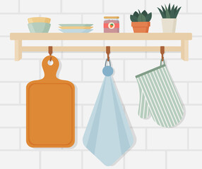 Kitchen equipment and dishware on shelf.