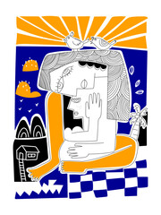 Obraz premium Woman sitting hand drawn, decorative, line art, minimalist color, ethnic, vector illustration. Artistic design for poster, card, cover, print, home decoration, art, wallpaper.