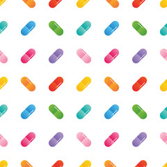 Cute colorful pills, medications, food supplements vector seamless pattern background for healthcare design.