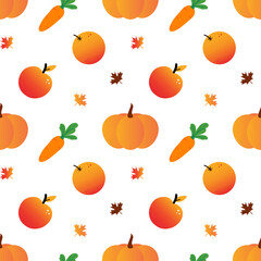 Vector seamless pattern background with apples, oranges, pumpkins, carrots, maple leaves for autumn, fall, harvest, thanksgiving design.
